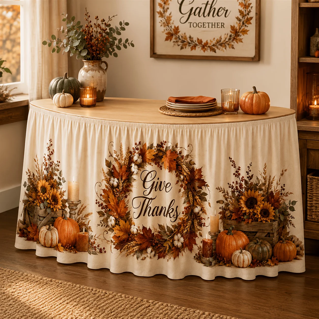 1 piece of tablecloth, gratitude wreath, pumpkin sunflower maple leaf candle, autumn Thanksgiving Dayxzj