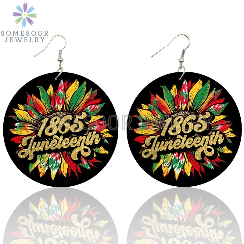 SOMESOOR I Am Black 1865 Juneteenth Day Wooden Drop Earrings For Women Gifts Rainbow Printing Fashion Loops Wood Ear Jewelry