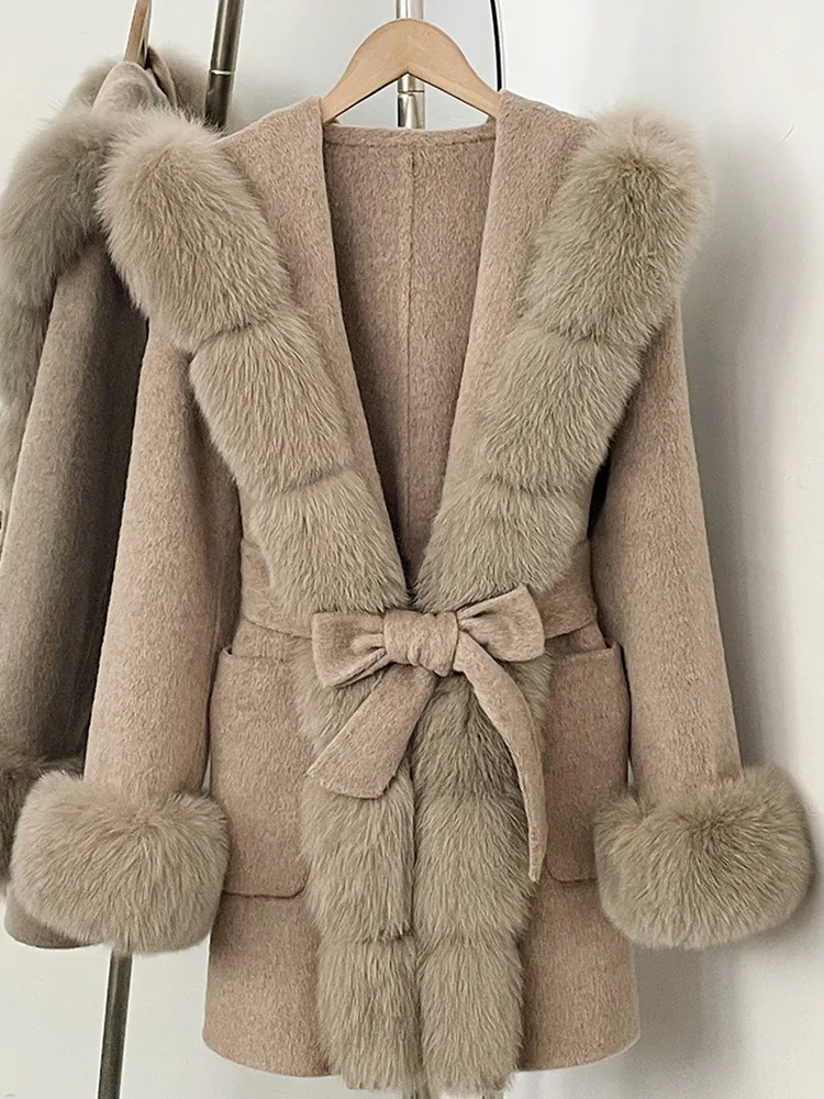ONEXWEN Women Double Sided Wool Coat Full Fur Trim V Neck Collar Cuffs Bow Waist Pocket Mid Length Warm Winter Overcoat RU89