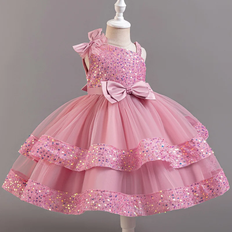New Girl's Sequined Bow Dress Kids Irregular Collar Mesh Princess Dress Christmas Birthday Gown Ball Party Evening Dress 2-6Y