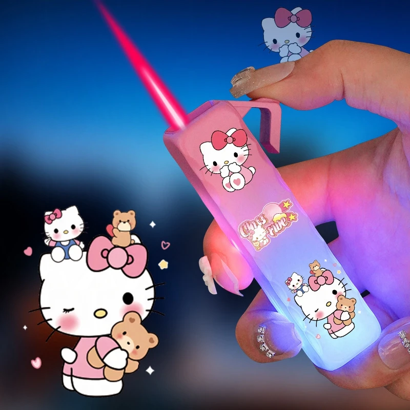 

Metal Windproof Cute Hello Kitty Lighter Kawaii MyMelody Kuromi Cinnamo Sanrio Flashing Pink Flame Lighters Fast Delivery Gift