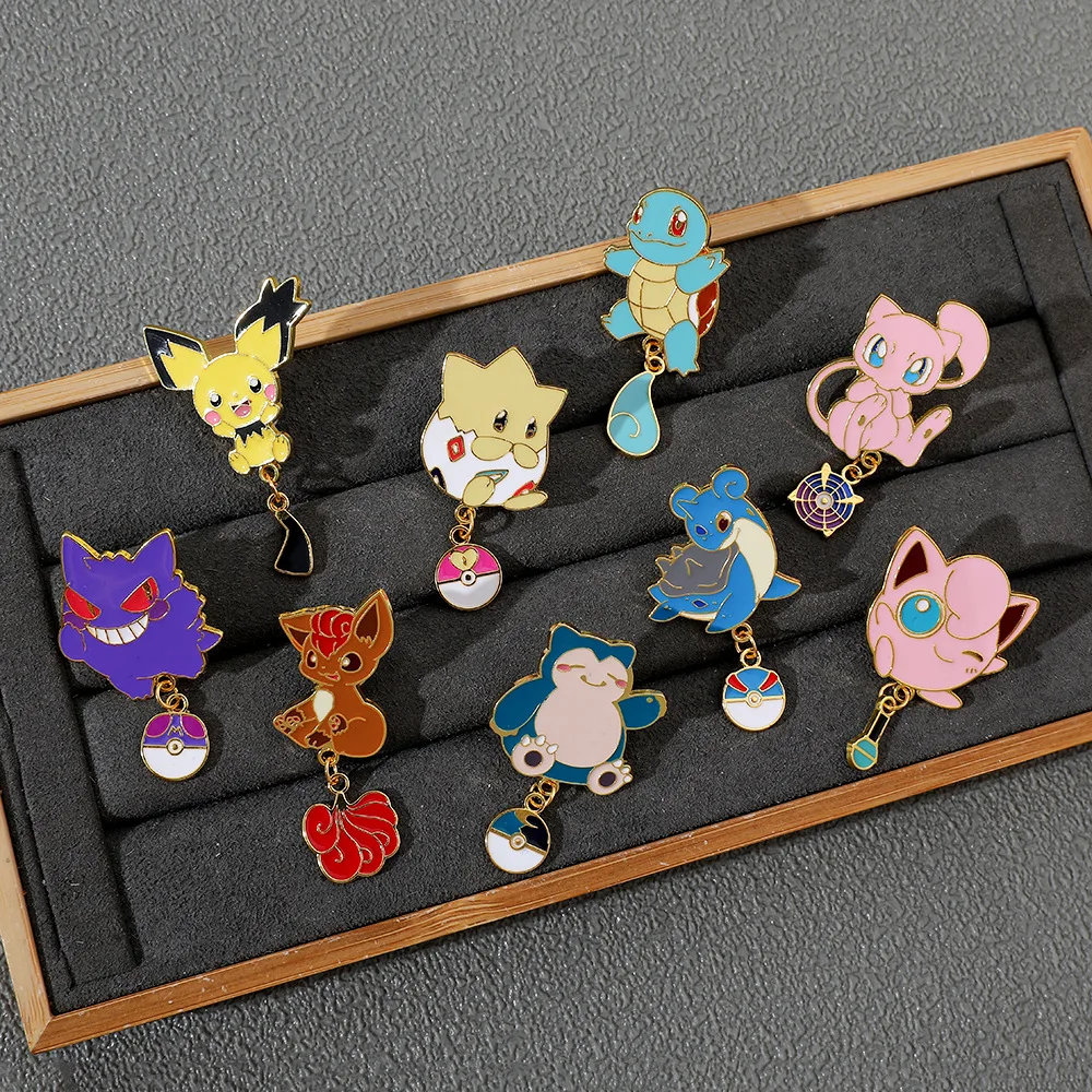 Pokemon Charm Pins Jigglypuff Gengar Vulpix Mew Lapras Pichu Squirtle Togepi Snorlax withTail and PokeBall Broches Fans Gifts view 3