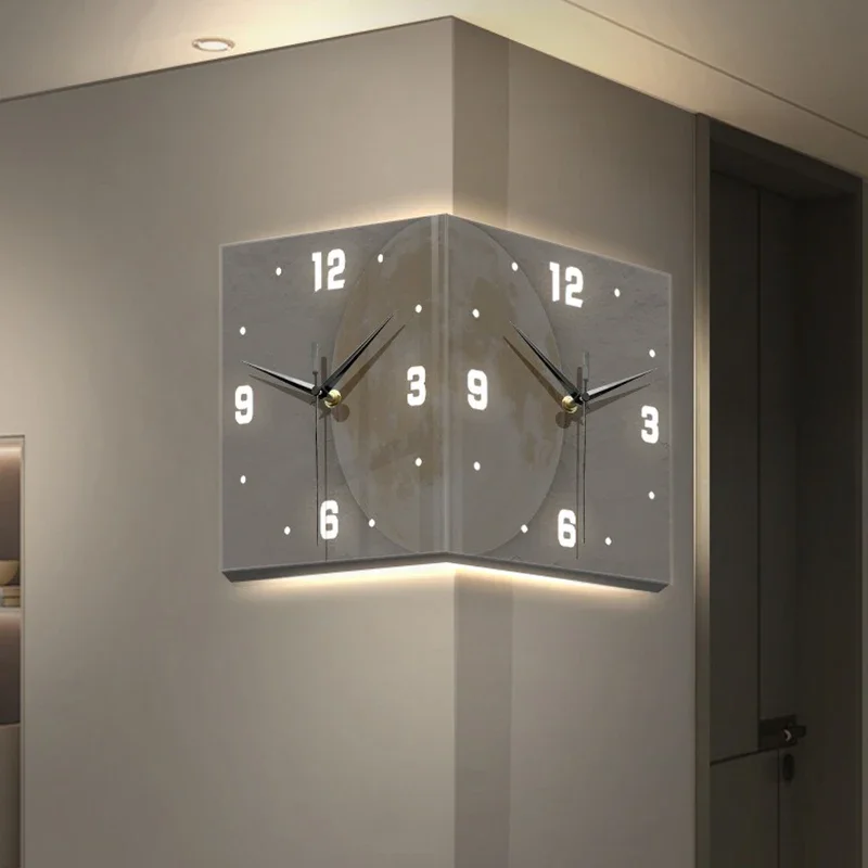 

Creative Corner Wall Clock Living Room Large Led Clocks Luminous Wall Art Double-Sided Silent Watches Decoration for Bedroom