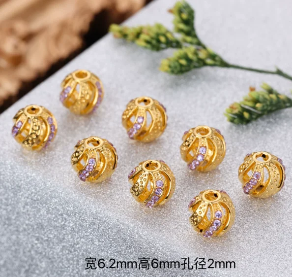 18k real gold round beads purple zircons loose beads diy handstring 6mm beads