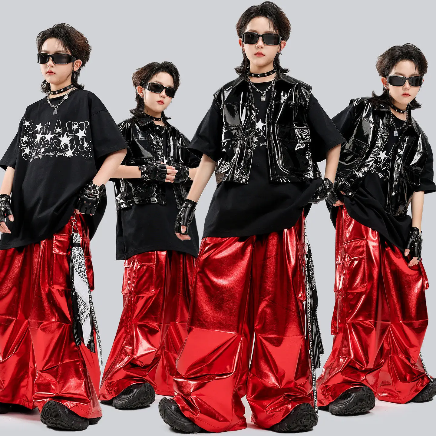 Boys Hip Hop Shiny Vest T-shirt Street Dance Cargo Pants Girls K-pop Clothes Sets Kids Jazz Costumes Children Teens Streetwear