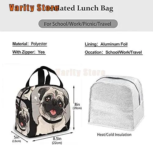 Lunch Bag Cute Pug Dog Lunch Box Insulated Bag Tote Bag For Men/Women Work Travel