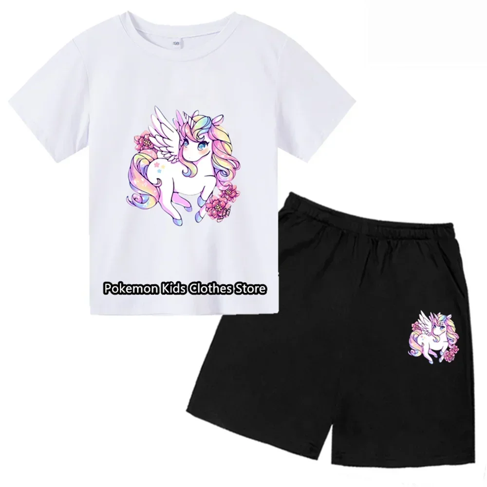 Unicorns Tshirt Set Kids Baby Boys Clothing Sets Summer Baby Girls Short Sleeve Sports T Shirt+Shorts 2-piece Set Kids Clothes