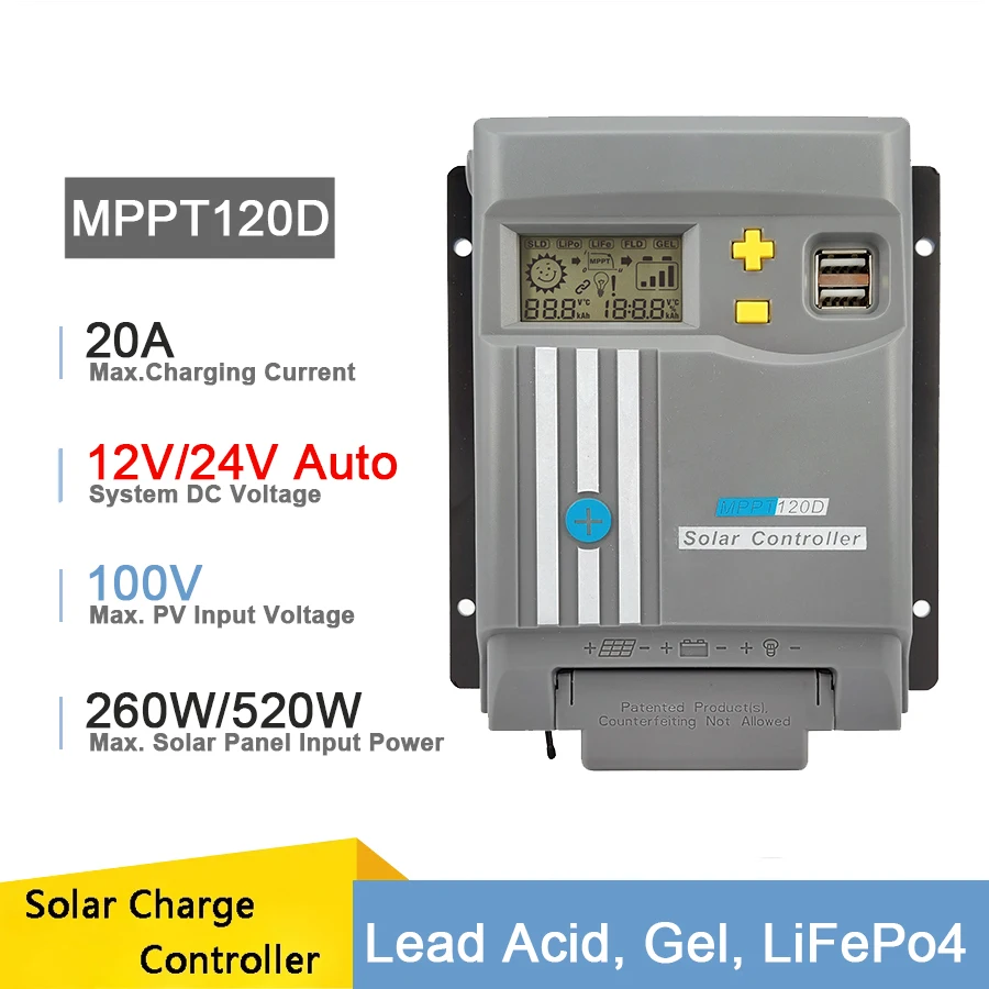 

Solar PV 12V 24V Auto Solar Battery Charge 20A MPPT Controller LCD Display for Lithium LifePo4