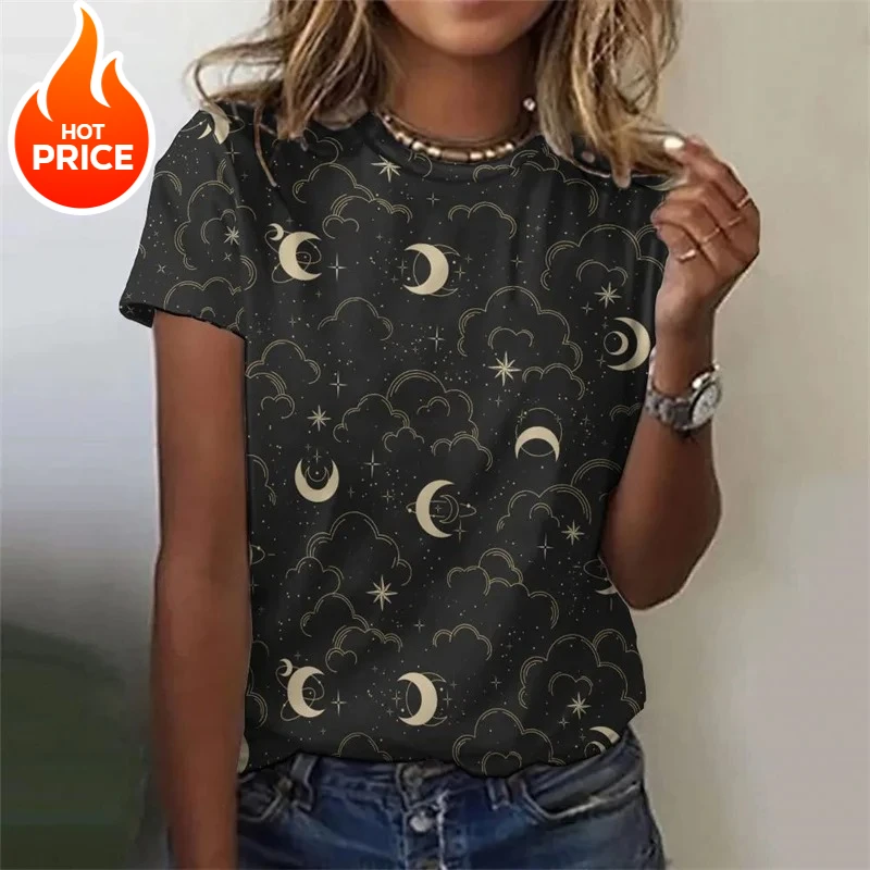3D-gedrucktes Sonnensterne-Mond-T-Shirt für Frauen, Sternenhimmel-Grafik-T-Shirts, Sommer, lässige, lockere T-Shirts, Rundhalsausschnitt, kurze Ärmel