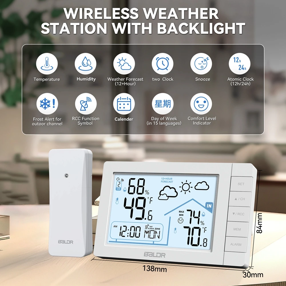 Brand DCF Atomic Alarm Clock Weather Station Digital LCD Humidity Temperature Monitor Frost Alert Wireless Forecast Sensor -40℃