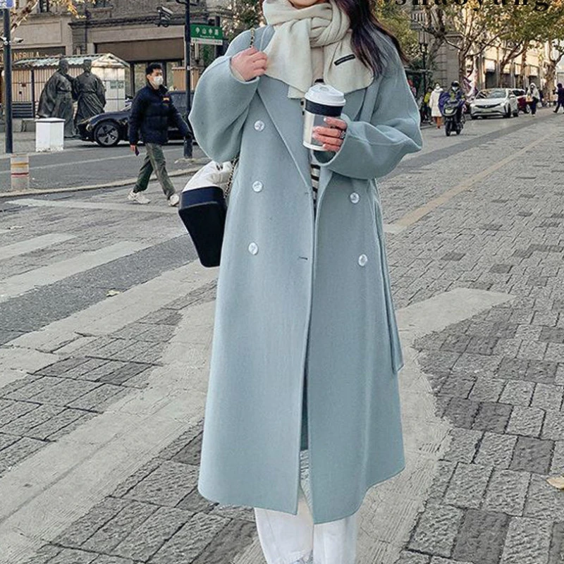 

New Fashion British Solid Double Breasted Woolen Coat Women Long Sleeve Coats Woman Elegant Pocket Slim Vintage Outerwear Q297