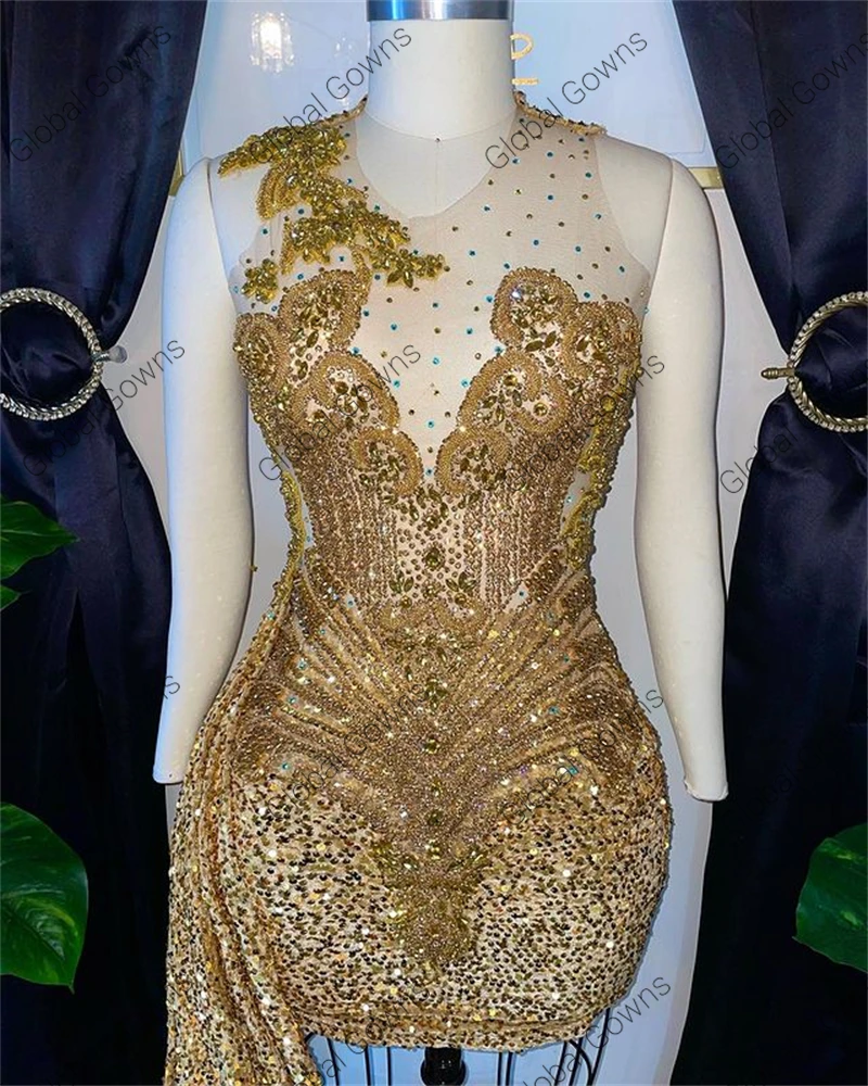 Sexy Gold Beaded Crystal Short Prom Dress 2024 For Black Girls Sequined Birthday Party Dress Mini Cocktail Homecoming Customized