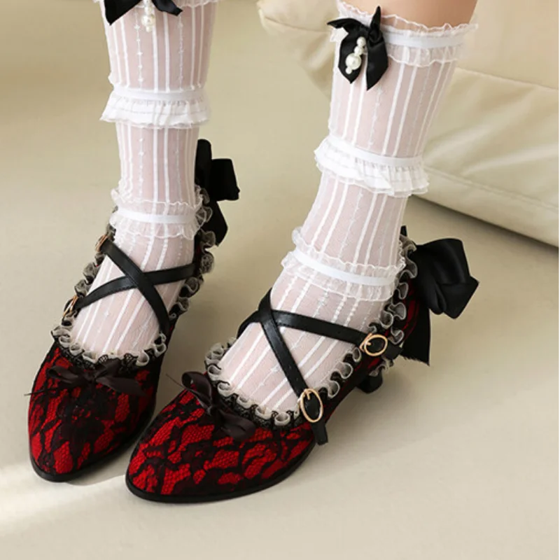 

ORCHA LISA Sweet Girls' Pumps Pointed Toe Small Heel Flock Suede Mixed Color Strap with Bowknot Big Size 42 43 Fashion Daily