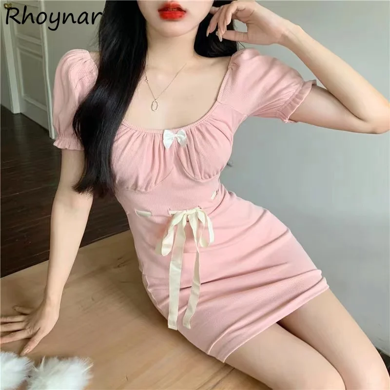 

Short Sleeve Dress Women Mini Bandage Square Collar Kawaii Tender Retro Slim Y2k Vestido Feminino Summer Girlish Sexy Ins Chic