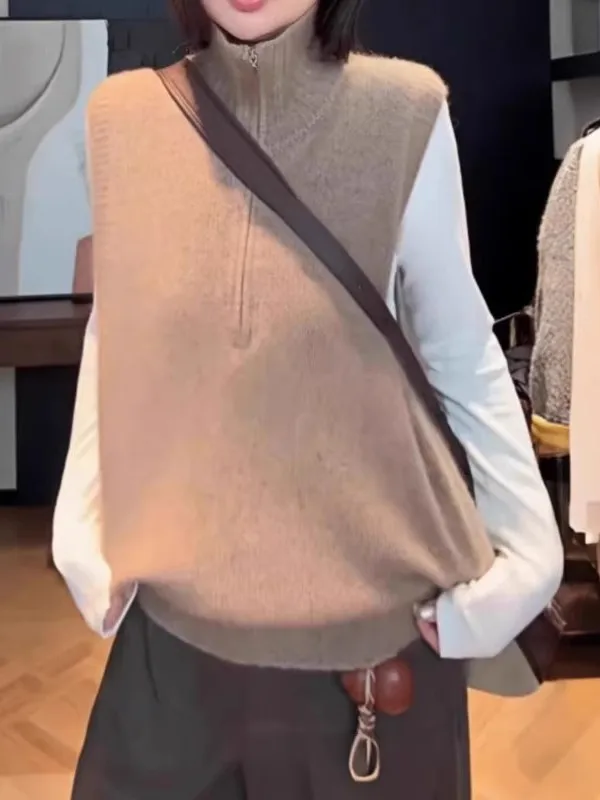 

Женский вязаный жилет больших размеров, осенне-зимний модный комбинезон, свободная верхняя одежда с высоким воротником для девушек больших размеров