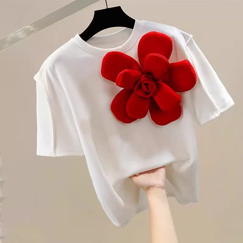 Neploe Fashion Sweet 3D Flower O-neck White T-shirts Y2k Short Sleeve Loose Tee Shirt 2024 Summer New All-match Tops Women