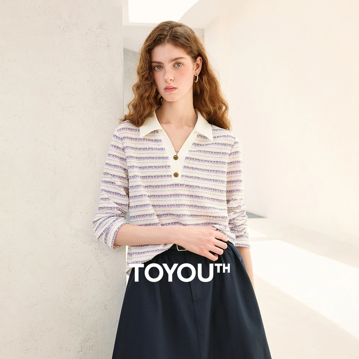 TOYOUTH Women's Long Sleeve Polo T Shirt 2026 Autumn New Melange Textured Stripe Tweed Style Light French Chic Casual Tops