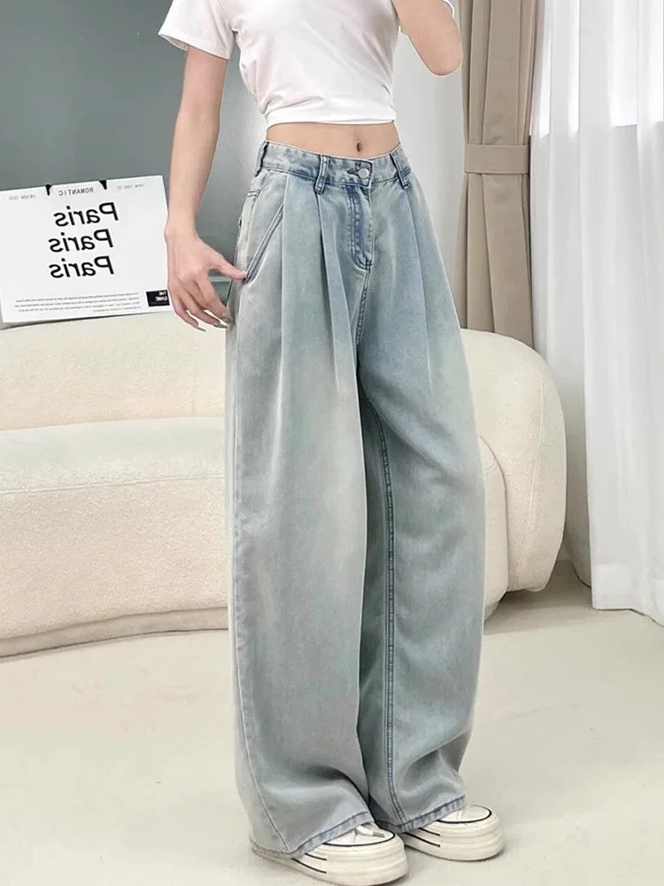 Jeans de Mezclilla de Seda Fina de Cintura Alta y Pierna Recta para Mujer, Plones Anchos de Seda Helada, Estilo Otoñal