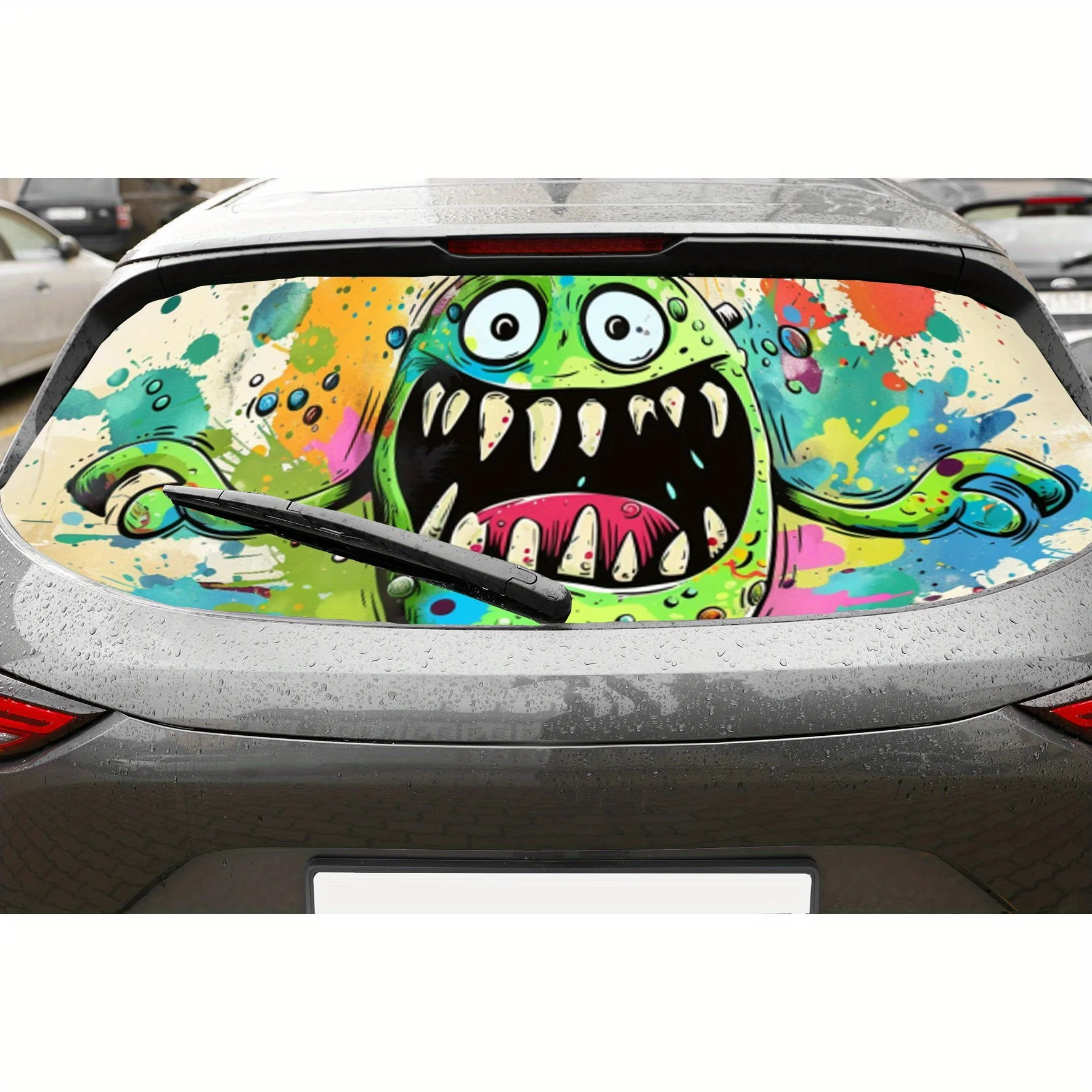 يلتف الفينيل المثقوبة من مادة PVC على شكل وحش أخضر من Joyful، ملصق زجاج خلفي متين للسيارة، مقاوم للماء للزجاج الأمامي للسيارة #1