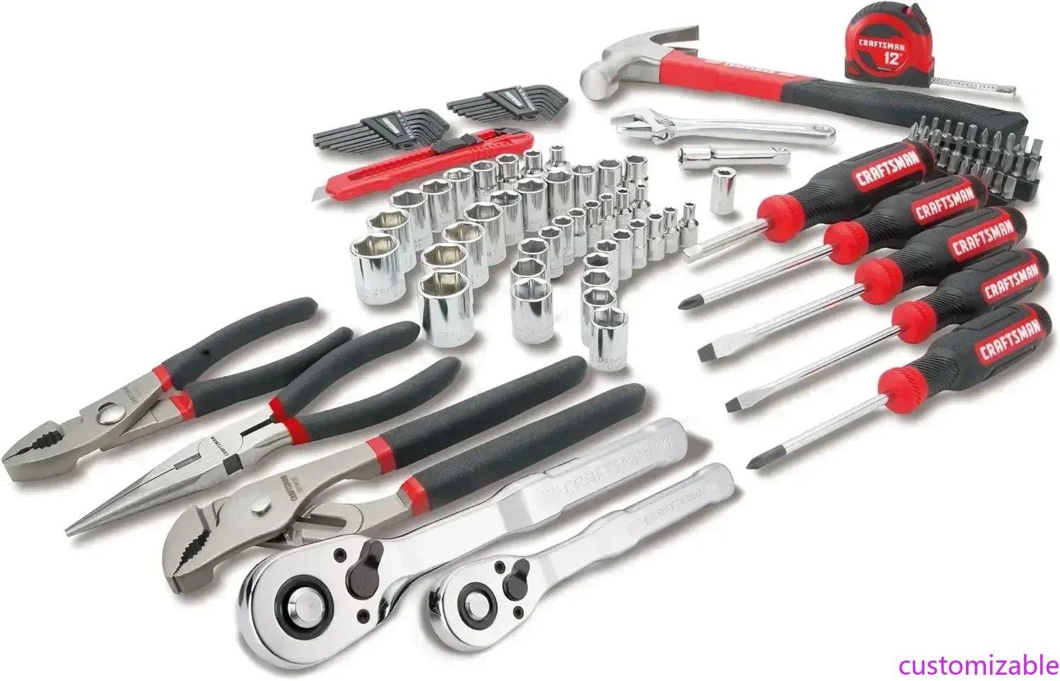 

Customizable Mechanics Tool Set, 102 Piece Hand Tool and Socket Set SAE/Metric (CMMT99449)