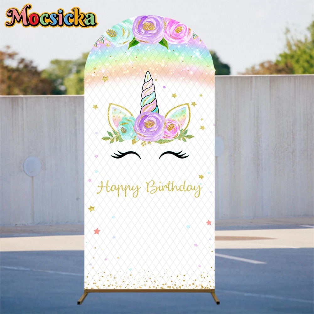 

Mocsicka Happy Birthday Arch Cover Backdrop Unicorn Baby Shower Girl Photo Arched Background Rainbow Flower Decoration Photocall