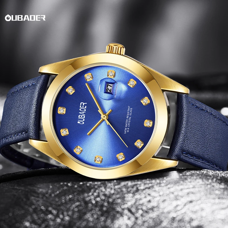OUBAOER Man Lightweight Daily Quartz Wristwatch Men's Genuine Leather Strap Transparent Hardened Mineral Crystal Watches