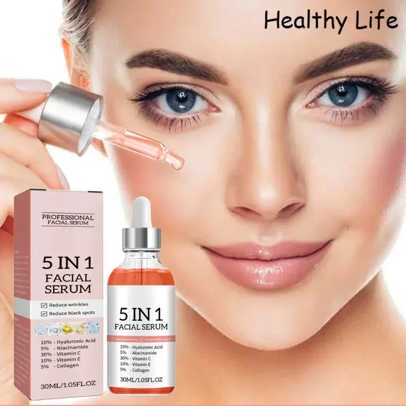 5 In 1 Face Serum Hyaluronic Acid Moisturizing Brightening Vitamin C Essence Lighten Melasma Fade Fine Lines Shrink Pores Serum