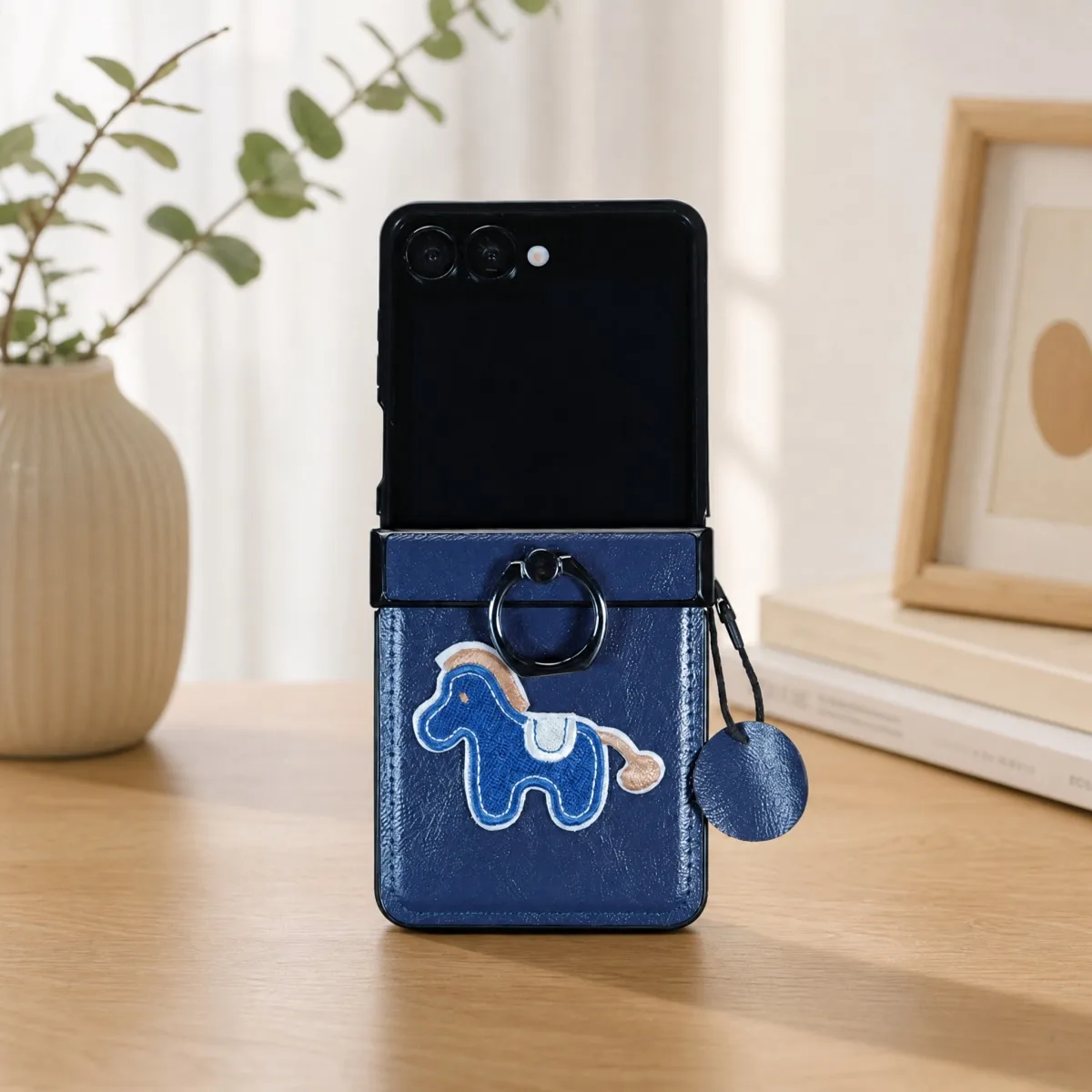Embroidered Pony Leather with Ring Phone Case for Samsung Galaxy Z Flip 8 7 6 5 4 3 5G ZFlip7 FE ZFlip8 Hinge Protective Cover