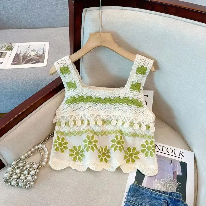 

Women's Square Neck Hollow Hook Flower Knitted Camisole Vest Summer New Style Ethnic Style Short Outerwear Top