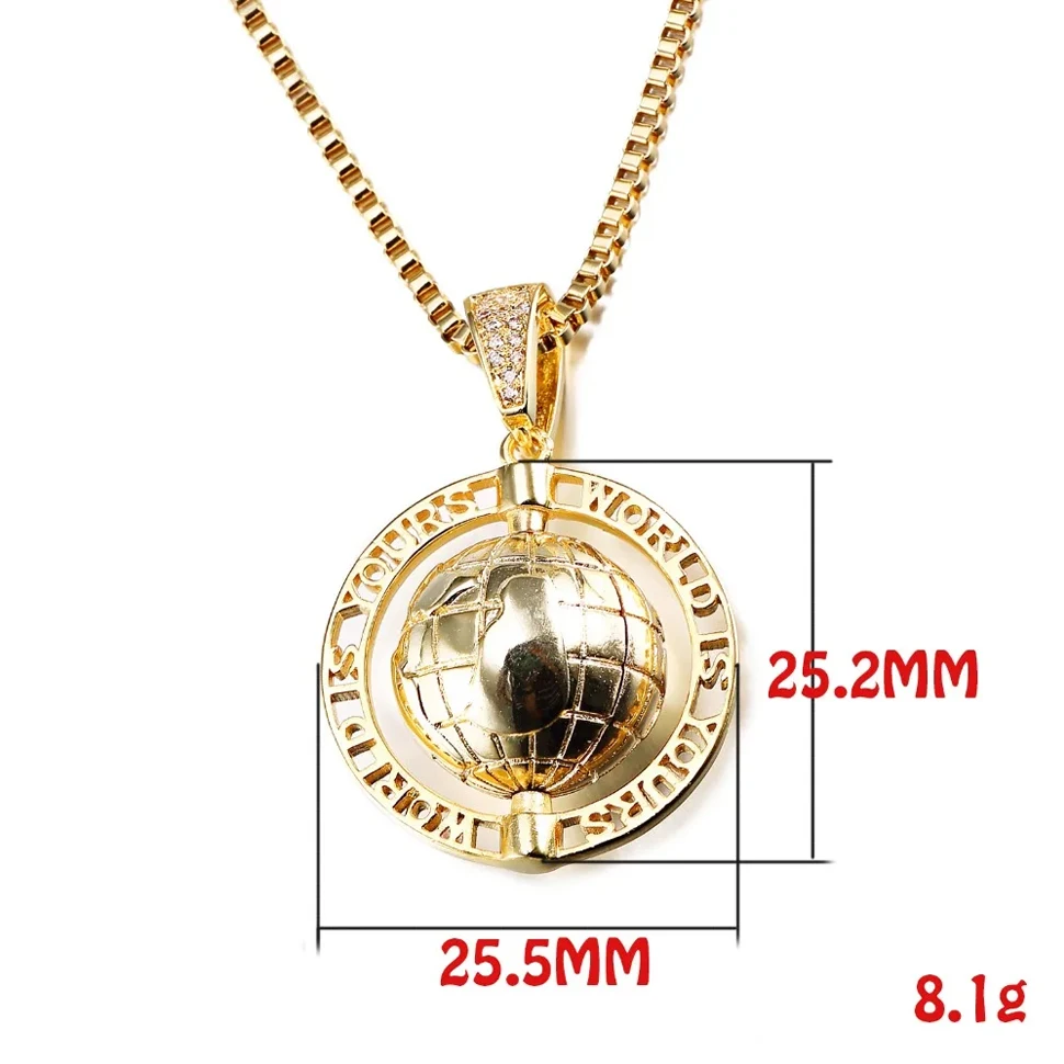 VANAXIN Vintage Globe Earth Tellurion Pendant Necklace 14k Gold Plated Cubic Zircon Hip Hop Chain Gold Color Gift for Women Men