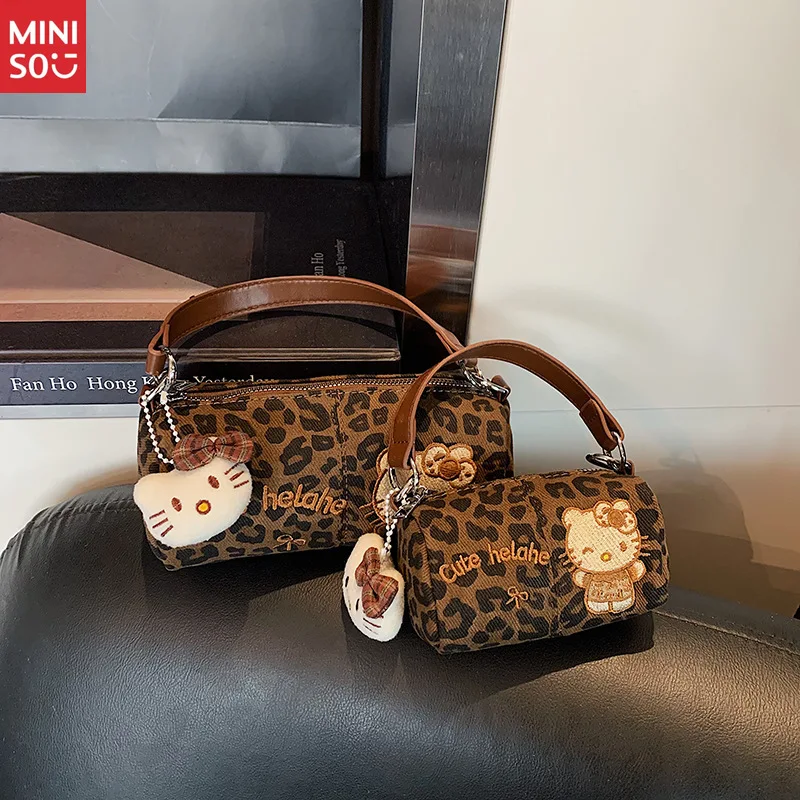 Miniso 2025 Fall Winter Hello Kitty Leopard Print Handbag, Cute Retro Crossbody Purse