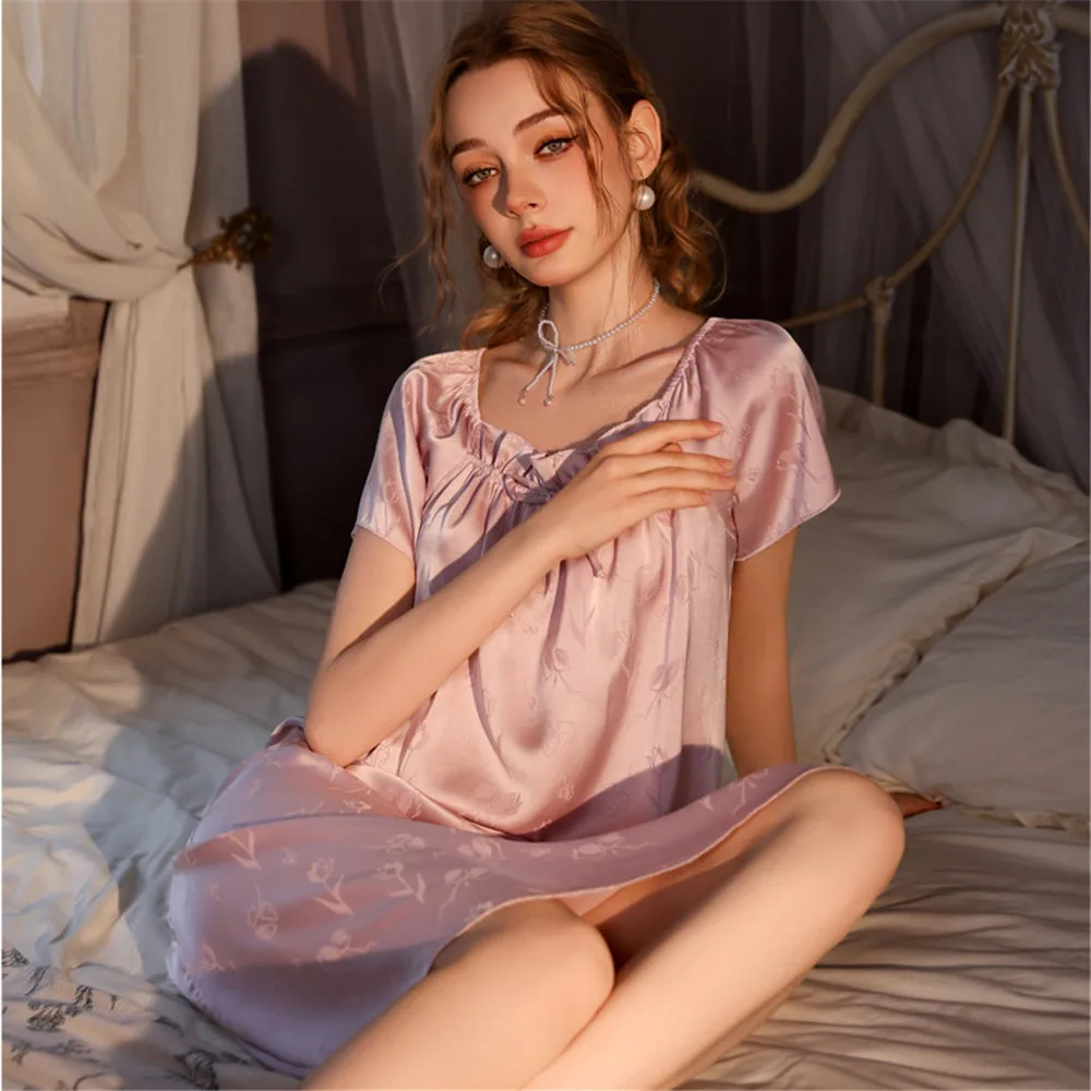 

Sexy Square Collar Nightdress for Women Summer Spring Home Dress Nightgown Short Sleeve Sleepwear Nightwear