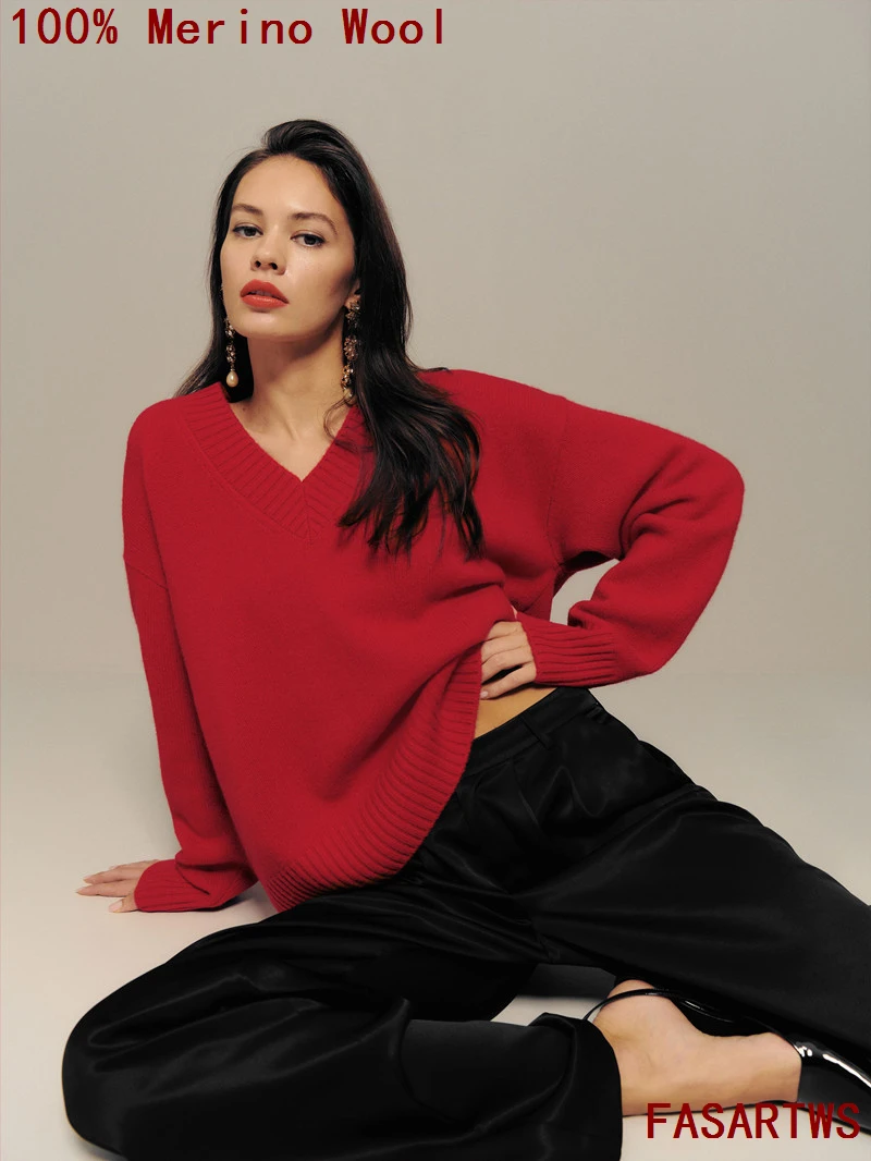 100% سترة صوف خالصة الخريف/الشتاء جديد عادية بلون محبوك القمم كبيرة الخامس الرقبة المرأة حجم كبير فضفاض البلوز قاعدة سترة