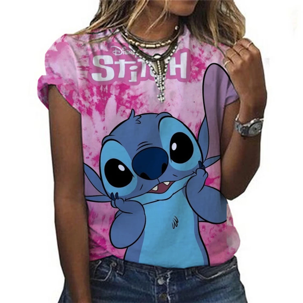 2025 Kawaii Lilo Stitch Print T-shirts Tops for Women Lady Summer Children T-shirts Casual O-neck Ohana Stitch Disney T-shirts