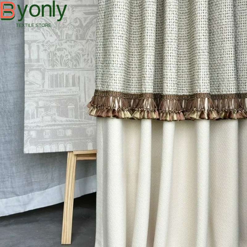 Woven Jacquard Splicing Tassel Chenille Curtains for Living Room Bedroom Villa Customized Finished French Window Balcony