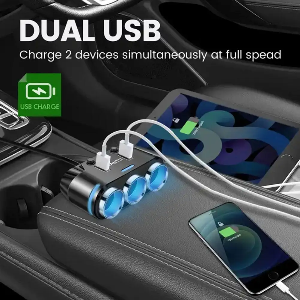 New Car Charger Car  Multifunctional USB Fast Charging  Car Charging  One Drag Three Cigarette Lighters