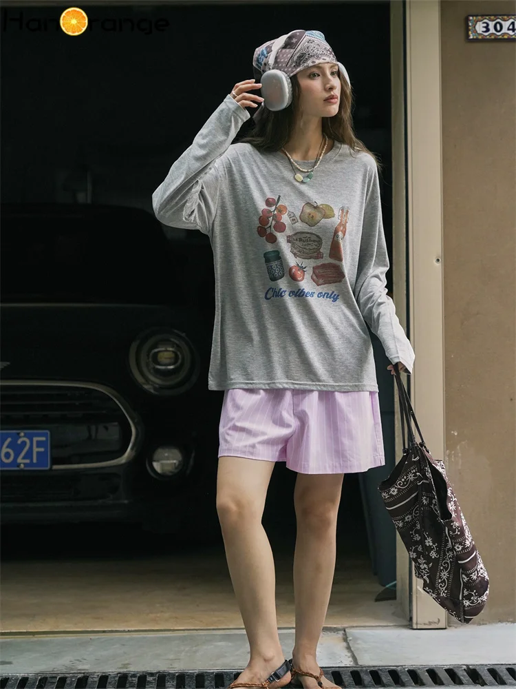 HanOrange 2025 ฤดูร้อนแฟชั่นผ่อนคลายพิมพ์แขนยาวครีมกันแดดเสื้อยืดผู้หญิงน้ําหนักเบาBreathable Top Teesสีขาว/สีเทา