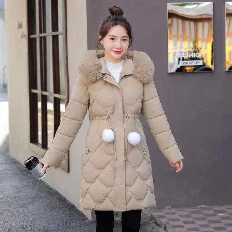 2023 New Women Down Cotton Coat Winter Jacket Mid Length Version Parkas Thick Warm Slim Fit Outwear Hooded Fur Collar Overcoat