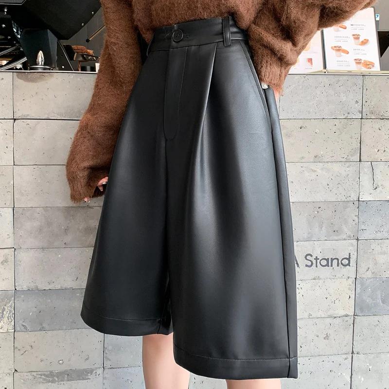 Herbst Winter PU Leder frauen Breite Bein Hose 2025, Neue Hohe Taille Taste Schwarz Vintage Casual Lose Halbe Hosen weibliche