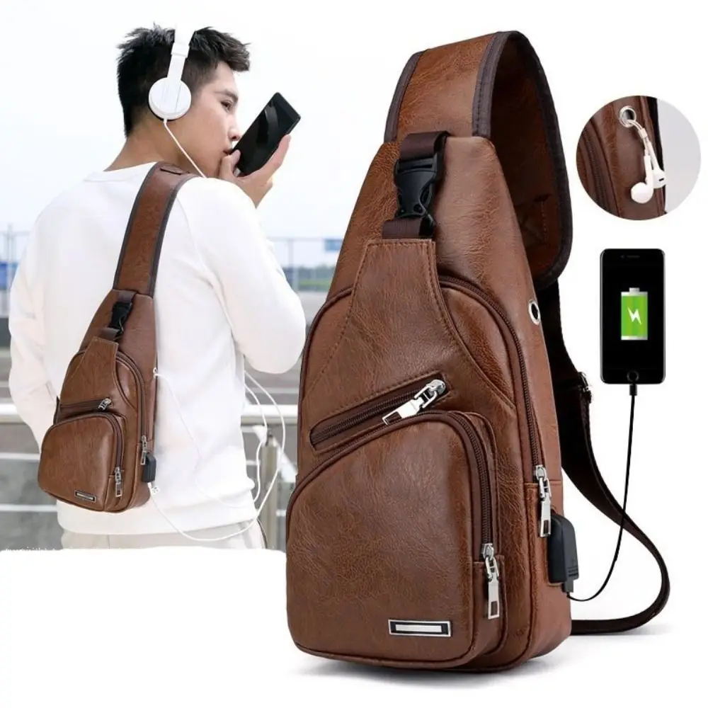 

Adjustable Single Strap Anti-theft Men's Sling Bag Crossbody Bag USB Charging Chest Bag with Headset Hole
