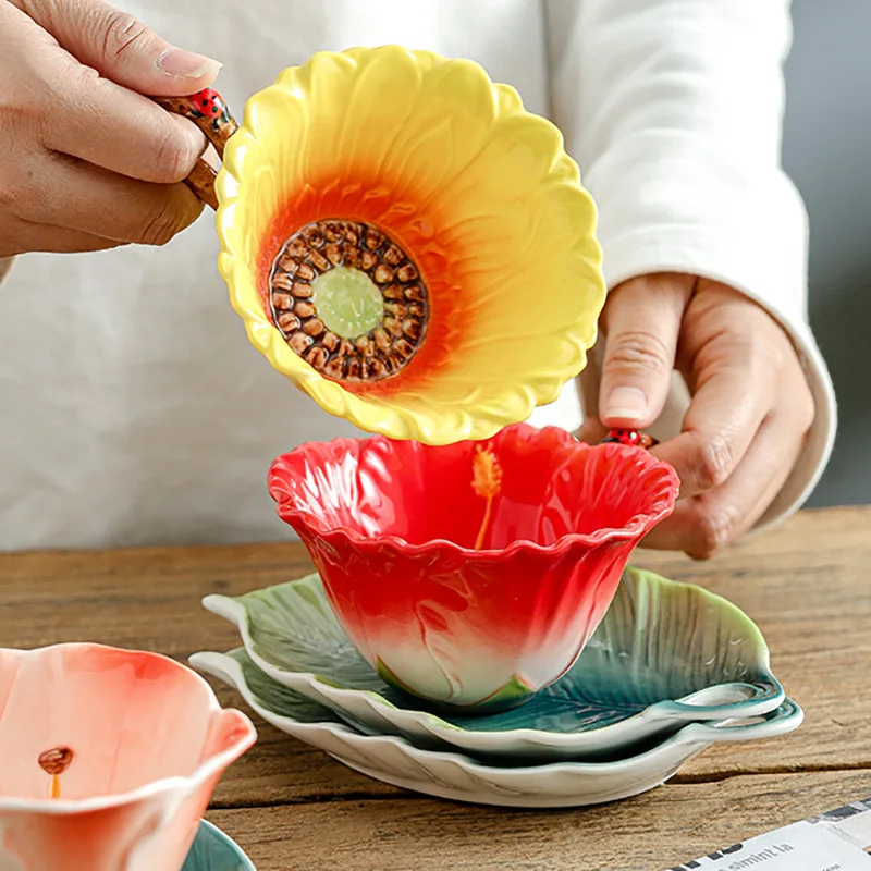 Sunflower Enamel Porcelain Mugs Hibiscus Ceramic Coffee Cup Clivia Original Taza Copo Home Decor