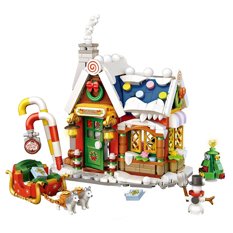 

Merry Christmas House Tree Santa Claus Snowman Sleigh 3D Model DIY Mini Blocks Bricks Building Toy for Children Christmas Gift