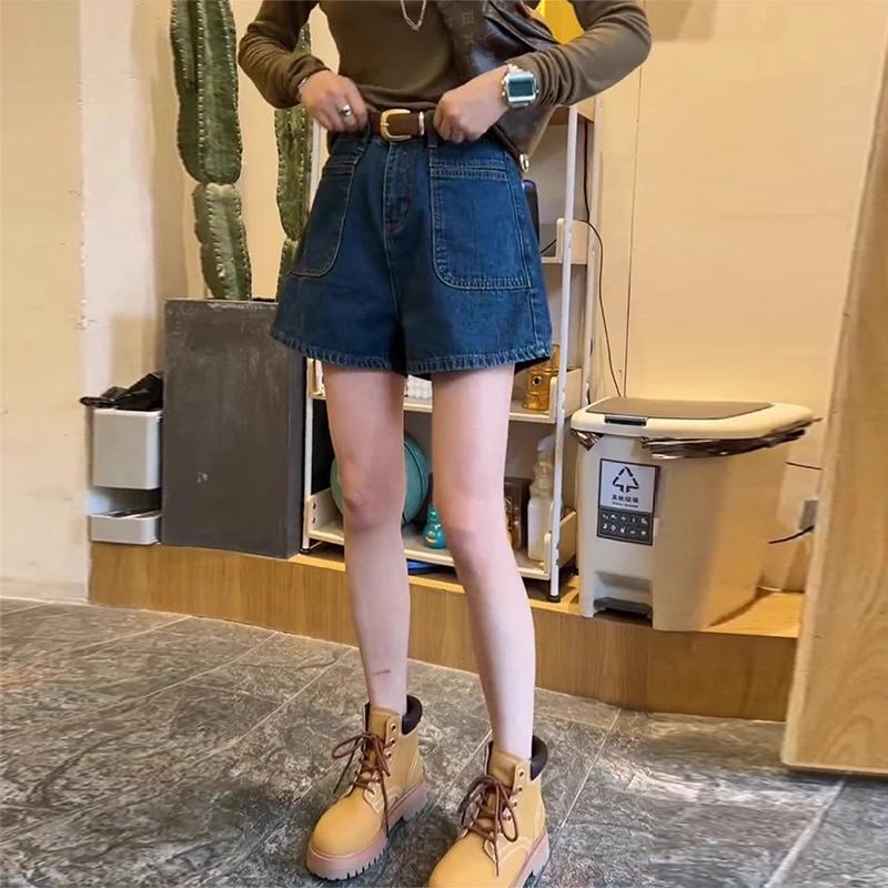 

Retro High Waist A-Line Denim Shorts Women's Summer Washed Design Slimming Hot Pants Casual Style Wide Leg Jeans Short Length