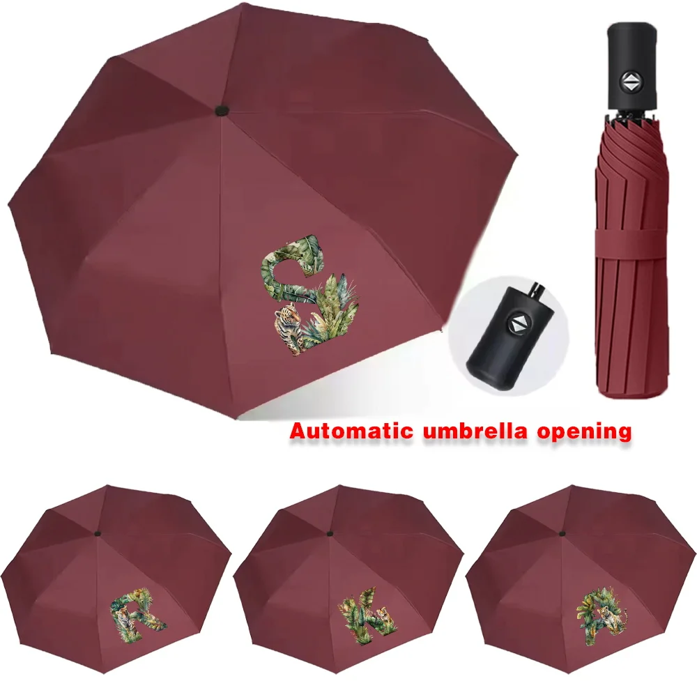 Automatic Umbrella for Sunshine Rainy Windproof Strong Folding Buckle Handle Double Bone Resistant Jungle Tiger Letter Printed