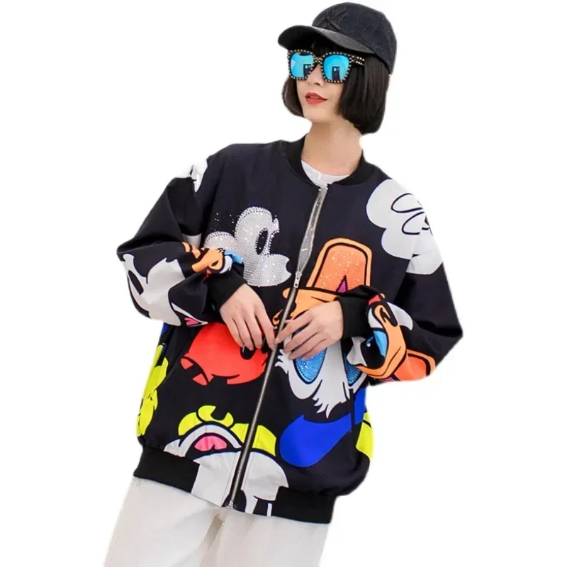 Trendy Cardigan Coat for Women Spring Autumn New Fashion Rhinestone Printed Jacket for Women Loose Slim-Fit Jacket Short Coat