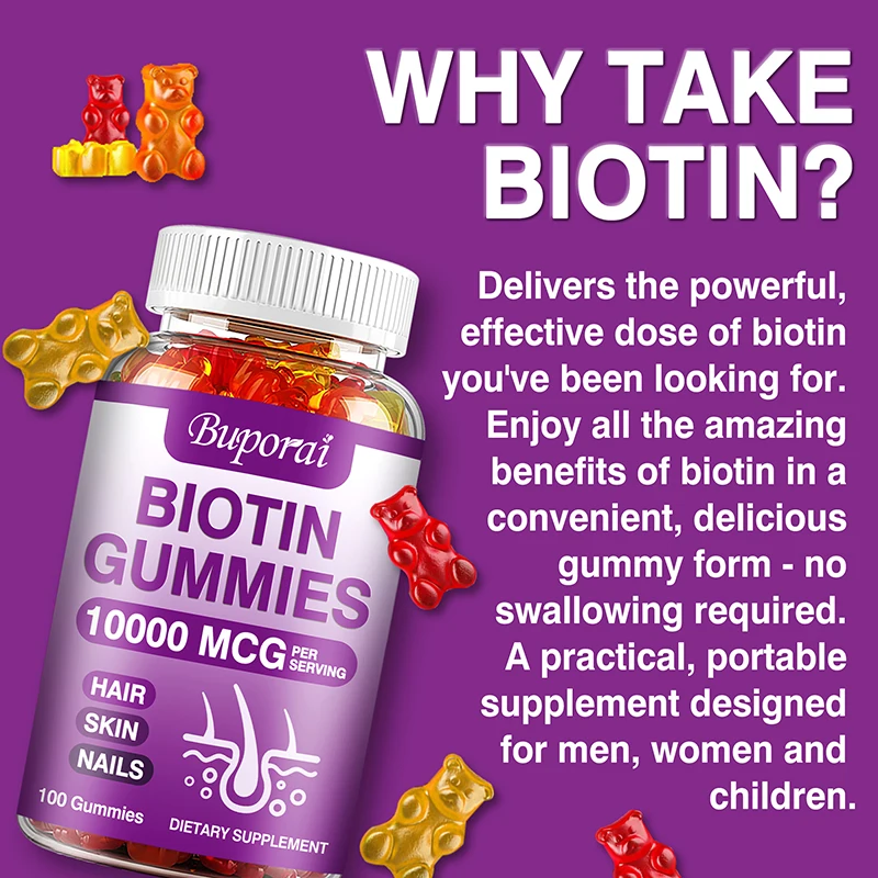 Biotin Gummies 10000mcg - Stronger Hair, Skin, and Nails - Vegan, Non-GMO, Gluten Free