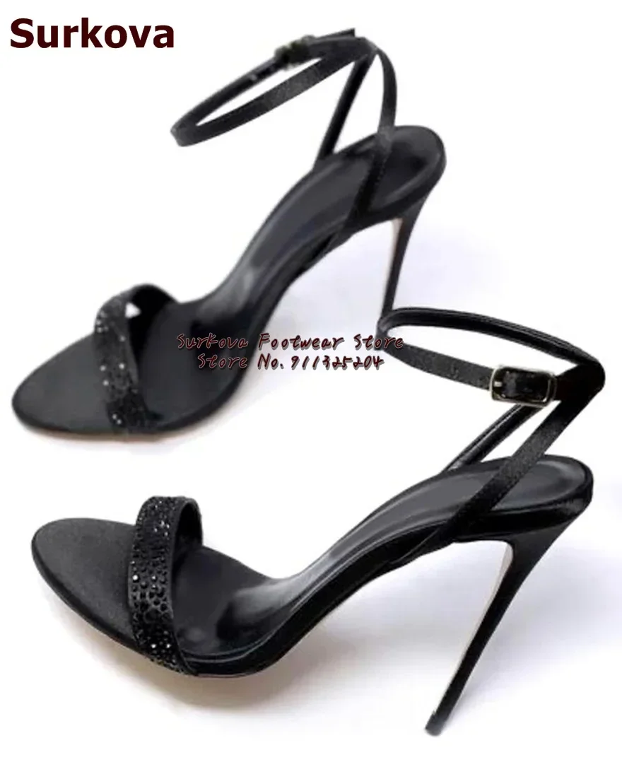 

Surkova Black Satin Cloth Glittering Crystal Sandals Thin High Heel Rhinestone Strap Buckle Wedding Shoes Sparkly Summer Pumps