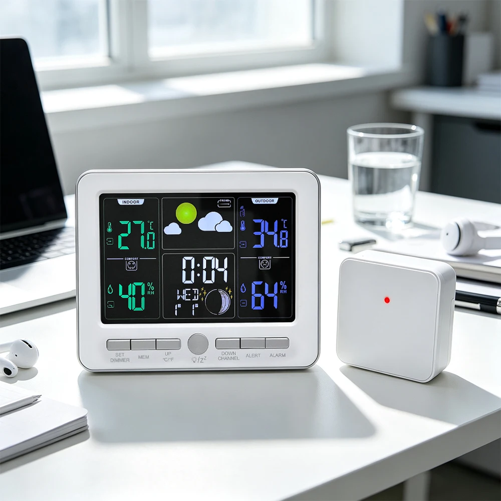 1-pc LED digital wireless sensor weather station clock, indoor and outdoor temperature monitoring weather station, equipped with