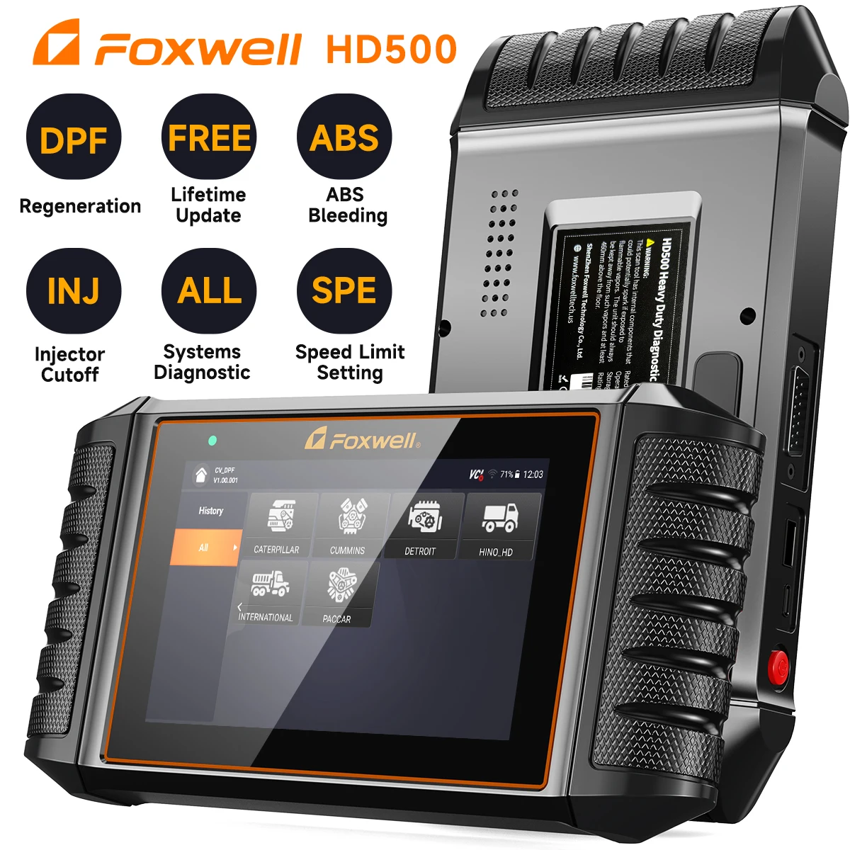 

FOXWELL HD500 Сверхмощный сканер грузовиков DPF Регенерация Настройка ограничения скорости ABS Bleeding OBD2 Сканер HD Сканер Бесплатно пожизненный