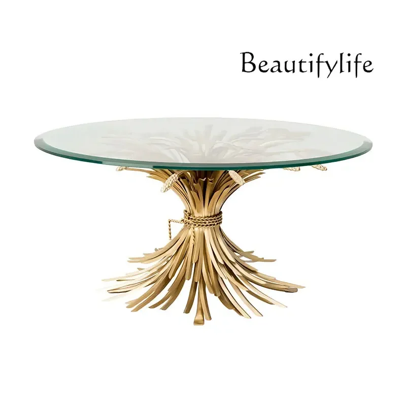 XB Italian Light Luxury Stainless Steel Round Glass Coffee Table Modern Art Creative Stainless Steel Wheat Ear Side Table